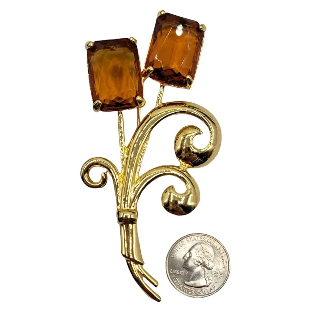 Nolan Miller Floral Topaz Faceted Glass Rhinestone Large Pin Brooch Signed
